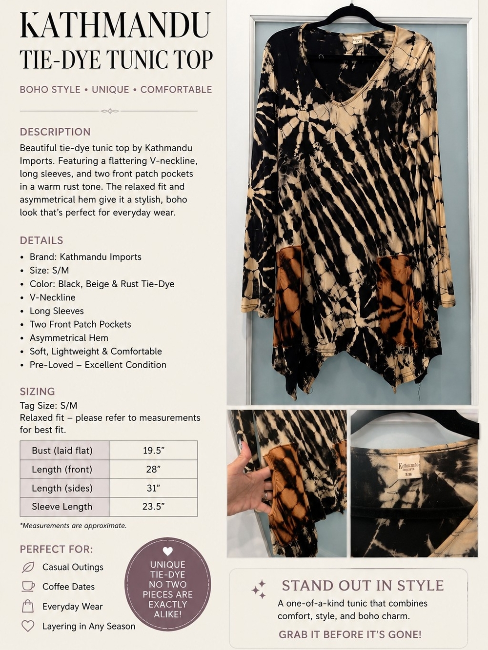 Kathmandu Black & Beige Rust Tie-Dye Tunic Top